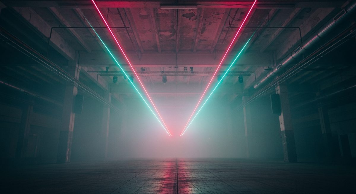 Cavernous warehouse space with pink and teal laser beams cutting through thick atmospheric haze, industrial ceiling