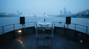 A small DJ rig under a weather cover at the stern of a Han River cruise boat at blue hour, two speakers on stands, the Seoul skyline across the water