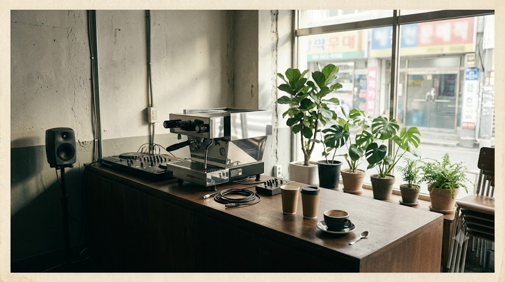 A compact DJ controller and mixer beside a chrome espresso machine on a cafe counter, morning light through the shopfront
