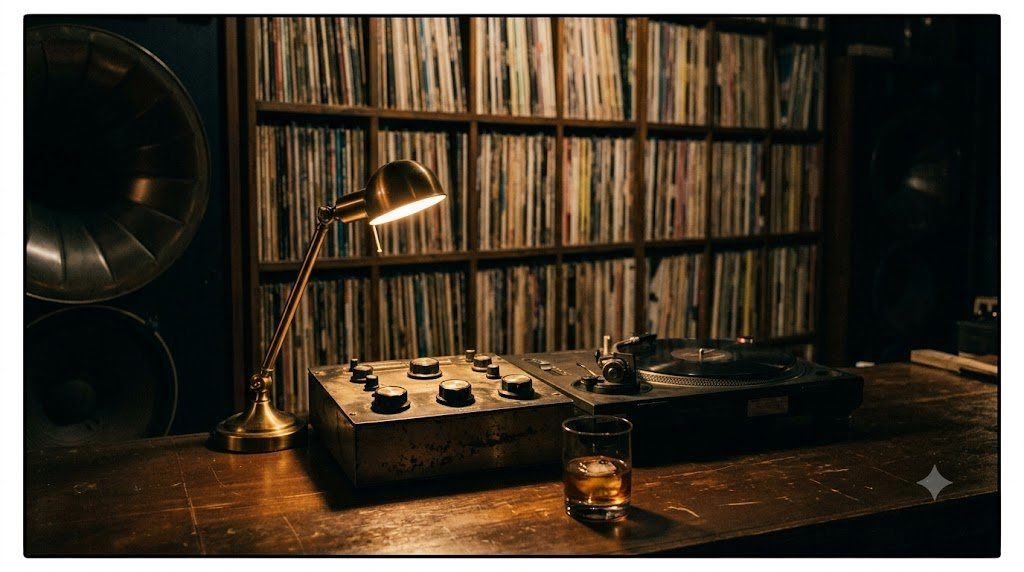 An LP bar counter at night: rotary mixer and turntable mid-play, a whisky glass, brass lamp, shelves of records behind