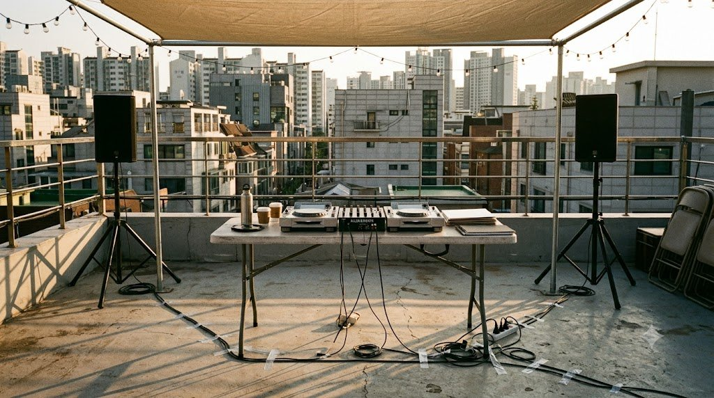 A rooftop day-party setup before guests arrive: CDJs and mixer on a folding table, speakers on stands, coffee cups, late sun