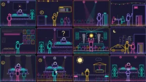The twelve Clubber Types as glowing line-art portraits, from The Early Shift to The Veteran