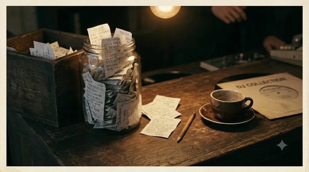 A jar of folded handwritten request slips on a music dabang counter, with a pencil, coffee cup and the edge of a record sleeve