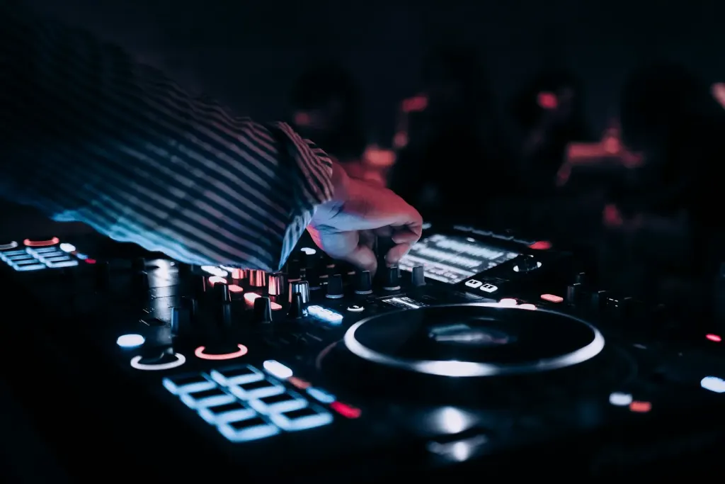 dj decks in dark booth