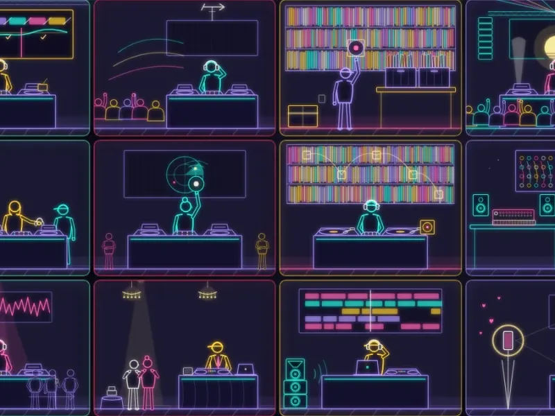 The twelve DJ Types as glowing line-art portraits at the decks