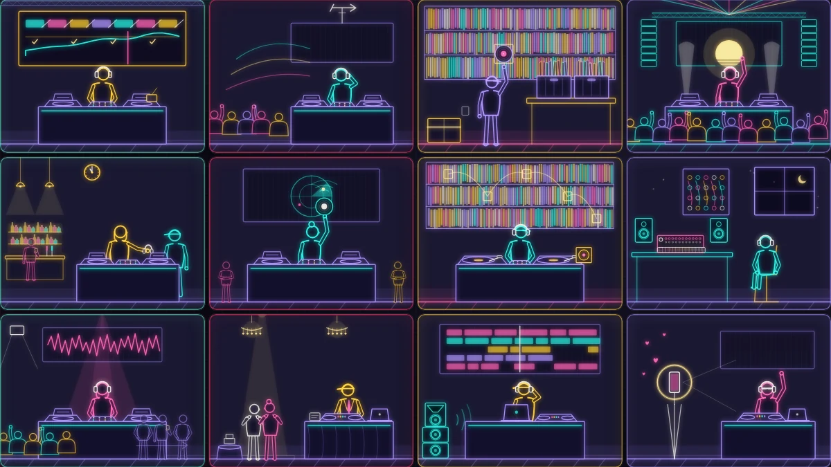 The twelve DJ Types as glowing line-art portraits at the decks