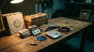 A worn back room table under a warm desk lamp, laid out with vinyl records, seven inch singles, cassettes, CD wallets and a USB stick on a keyring