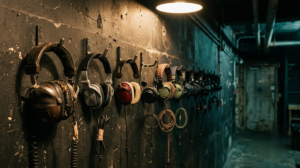 A row of mismatched DJ headphones hanging on hooks along a venue back corridor late at night, a red pair with cream ear pads and a single cup monitoring headphone among them