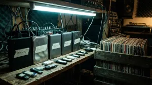 Shelf of hard drives and USB sticks next to a crate of records