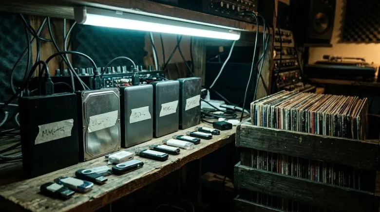 Shelf of hard drives and USB sticks next to a crate of records