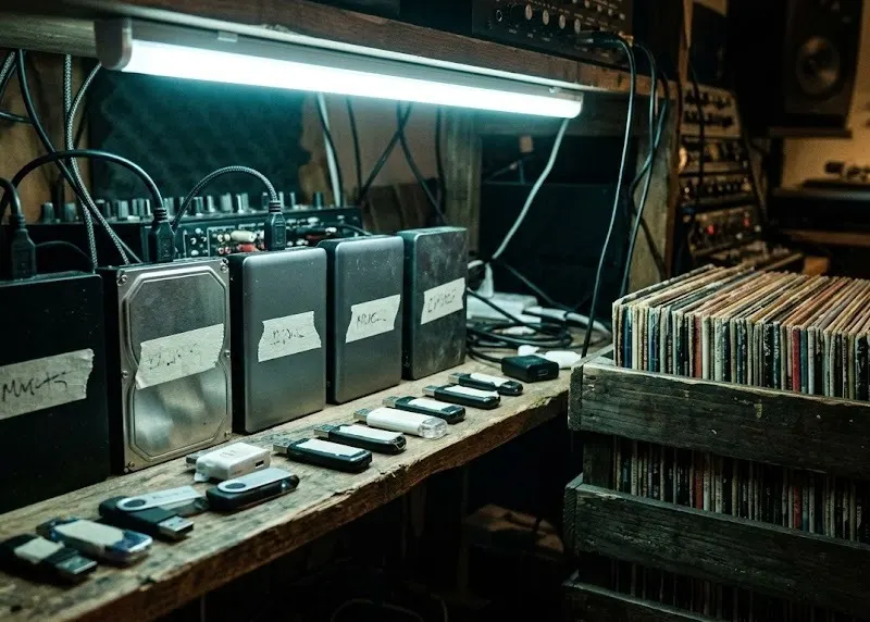 Shelf of hard drives and USB sticks next to a crate of records