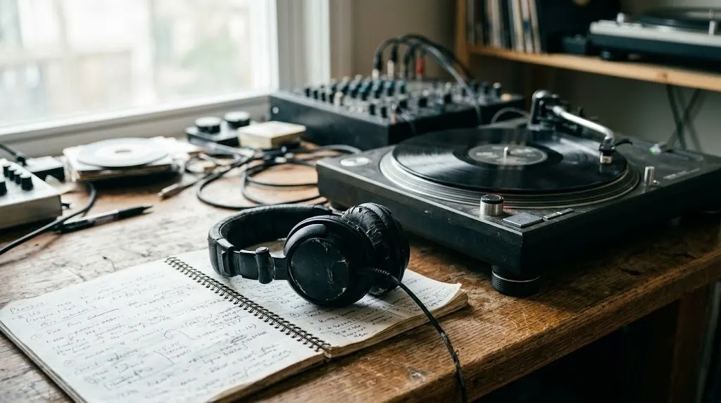 Headphones and a notebook