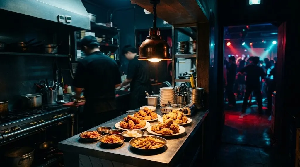 Open kitchen counter with plates of fried food beside a club dancefloor