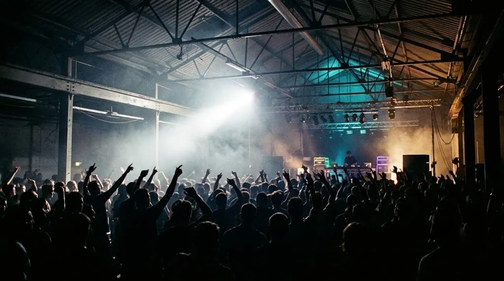 Cavernous warehouse rave space with dramatic pink and teal laser beams cutting through thick atmospheric haze, industrial ceiling, empty floor