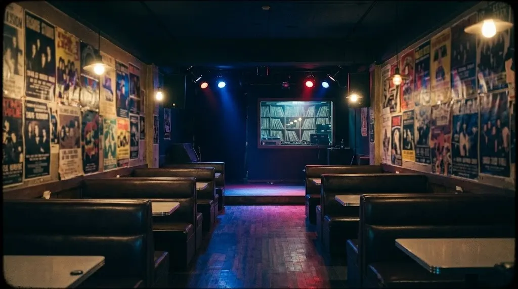 An empty late-1980s Seoul rock cafe: parquet dancefloor, DJ corner with turntables, red and blue gel light