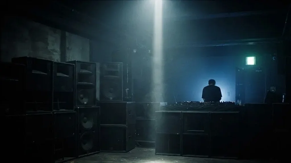 A dark basement club room with stacked speakers and a DJ seen from behind