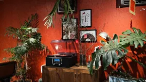 Warm retro listening room with a record player, the music dabang atmosphere