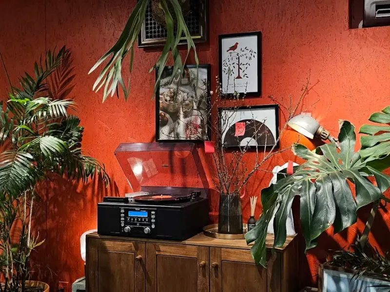 Warm retro listening room with a record player, the music dabang atmosphere