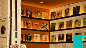 Disco ball above shelves of records and speakers, from dabang to club
