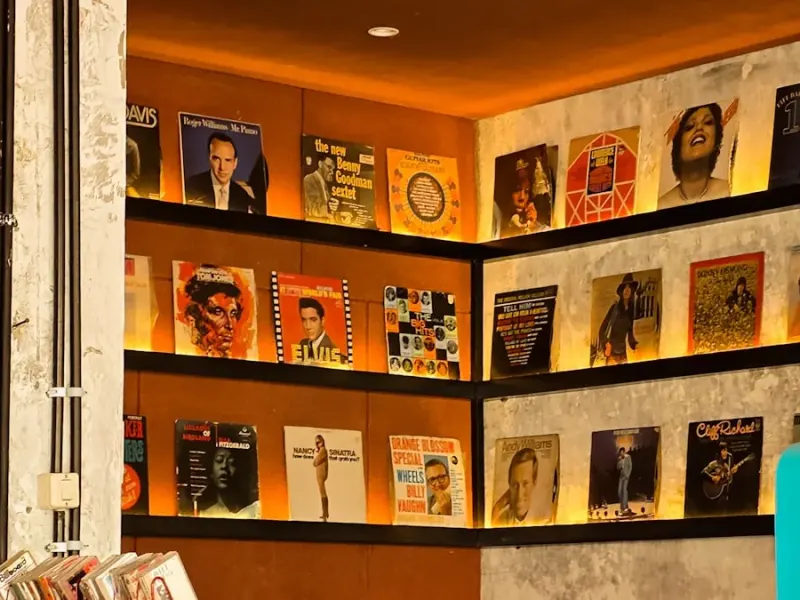 Disco ball above shelves of records and speakers, from dabang to club