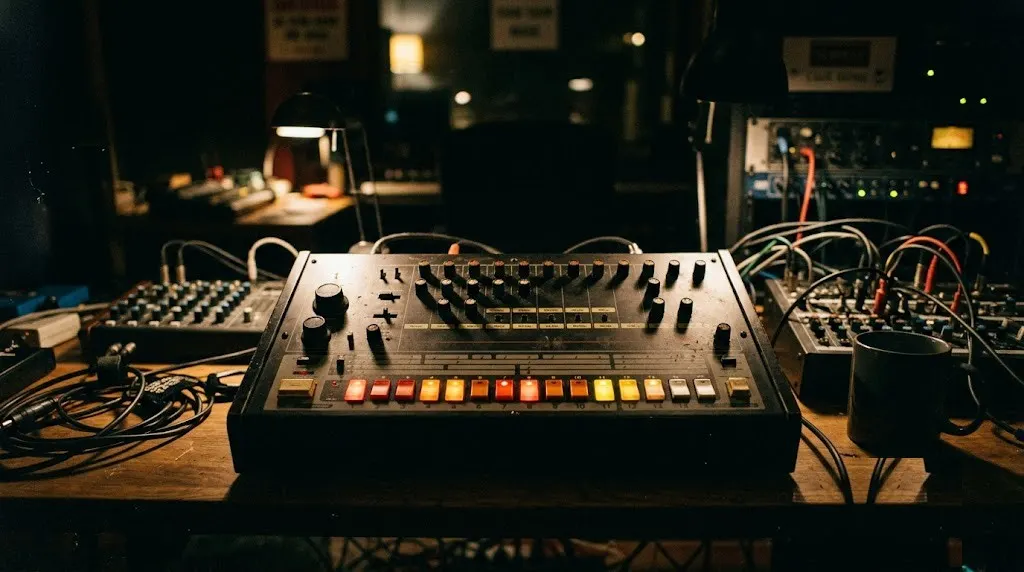 A drum machine in a dark studio