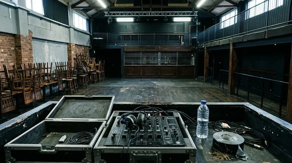 An empty club at load-in: flight case open on the booth, headphones and USB on the mixer, bare house lights over an empty floor