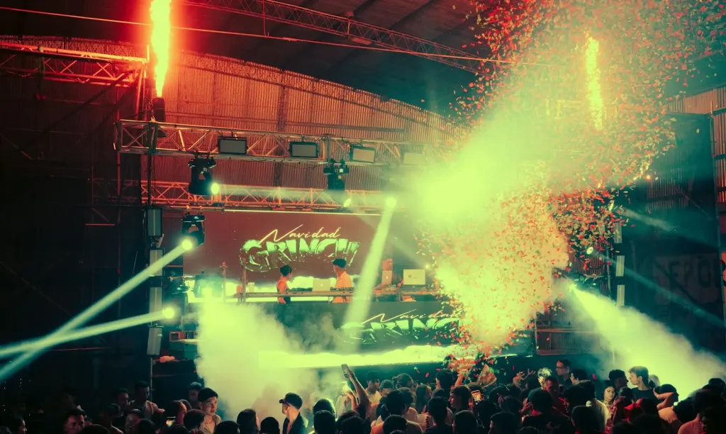 festival stage warm lights night