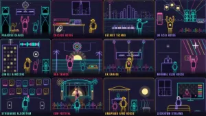 Twelve eras of dance music in line art, from Paradise Garage to the lockdown streams