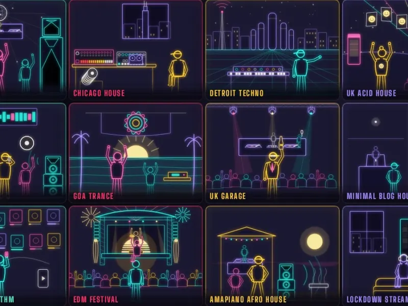 Twelve eras of dance music in line art, from Paradise Garage to the lockdown streams
