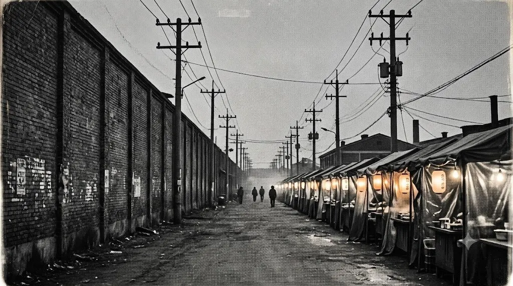 A mid-1970s dusk street by Guro: brick factory wall, telegraph poles, pojangmacha tents glowing, distant silhouettes