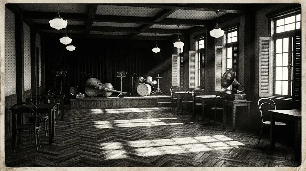 An empty colonial-era Seoul dance hall before opening: parquet floor, bandstand with double bass and drums, gramophone, pendant lamps