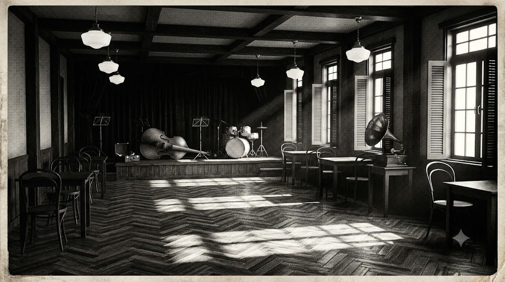 An empty colonial-era Seoul dance hall before opening: parquet floor, bandstand with double bass and drums, gramophone, pendant lamps