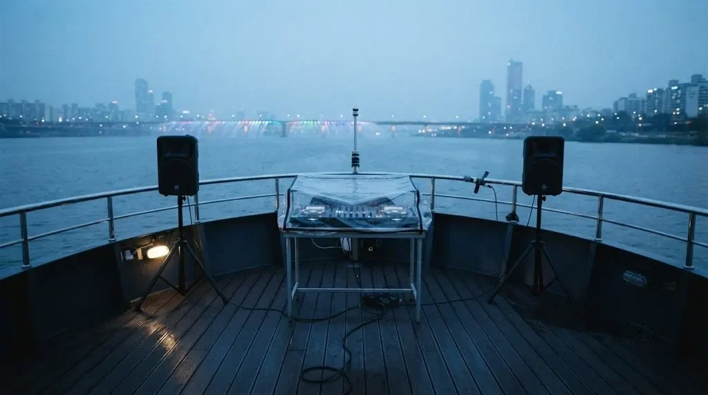 A small DJ rig under a weather cover at the stern of a Han River cruise boat at blue hour, two speakers on stands, the Seoul skyline across the water