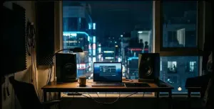 A home studio desk at night