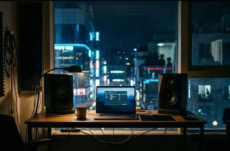 A home studio desk at night