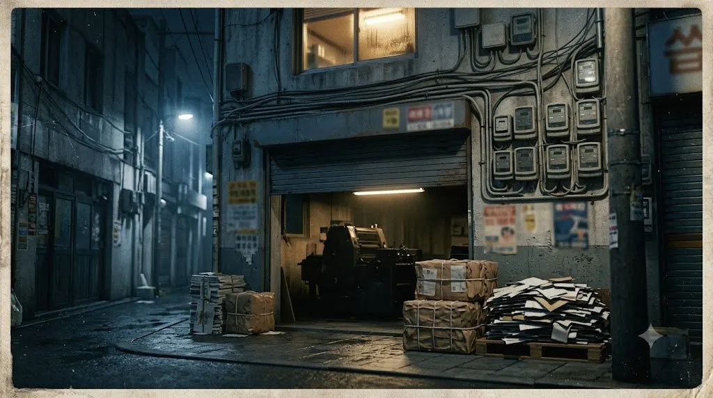 A print workshop doorway in the Inhyeon-dong alleys at night: half-closed shutter, paper bales, press in shadow, lit window above
