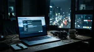 A laptop upload at night