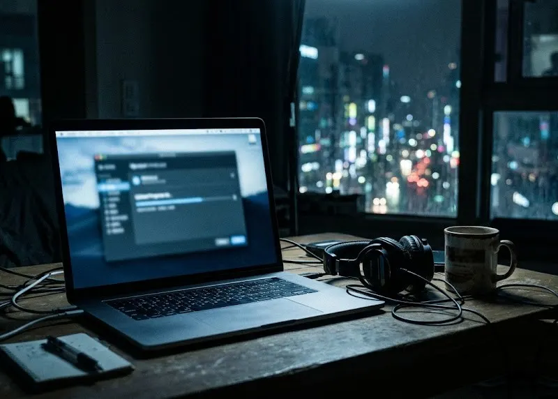 A laptop upload at night