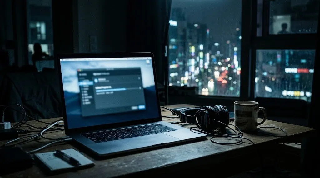 A laptop on a desk at night with city lights behind it