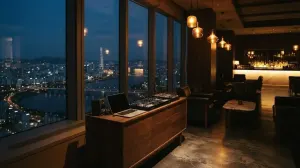 A small DJ setup on a sideboard in a dim Seoul rooftop lounge, amber pendants, the Han River and city lights through the glass