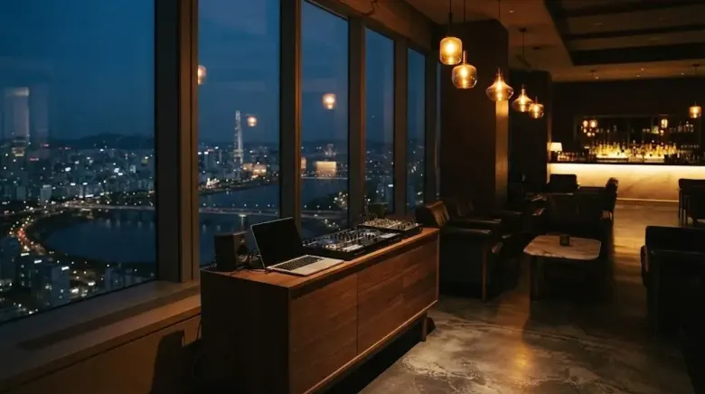 A small DJ setup on a sideboard in a dim Seoul rooftop lounge, amber pendants, the Han River and city lights through the glass