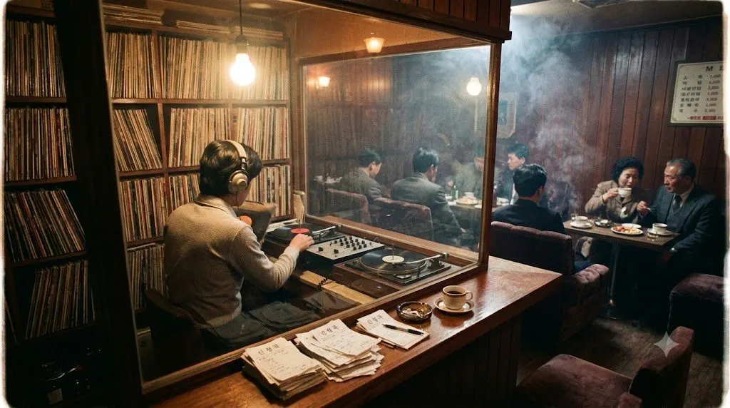 A 1970s Seoul music dabang DJ booth: LP shelves, twin turntables, handwritten request slips on the counter