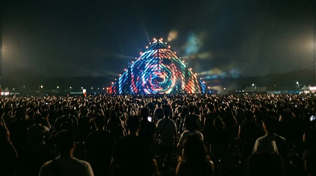 A pyramid stage from the back of the field