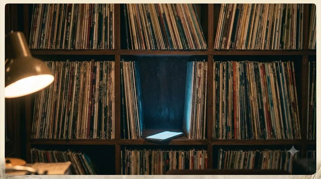 A DJ record shelf in evening light with one record pulled out, a phone glowing cold blue on the shelf edge