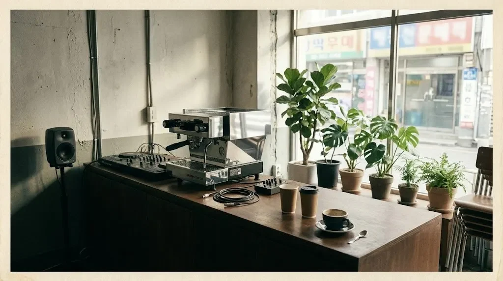 A compact DJ controller and mixer beside a chrome espresso machine on a cafe counter, morning light through the shopfront