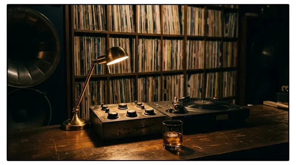 An LP bar counter at night: rotary mixer and turntable mid-play, a whisky glass, brass lamp, shelves of records behind