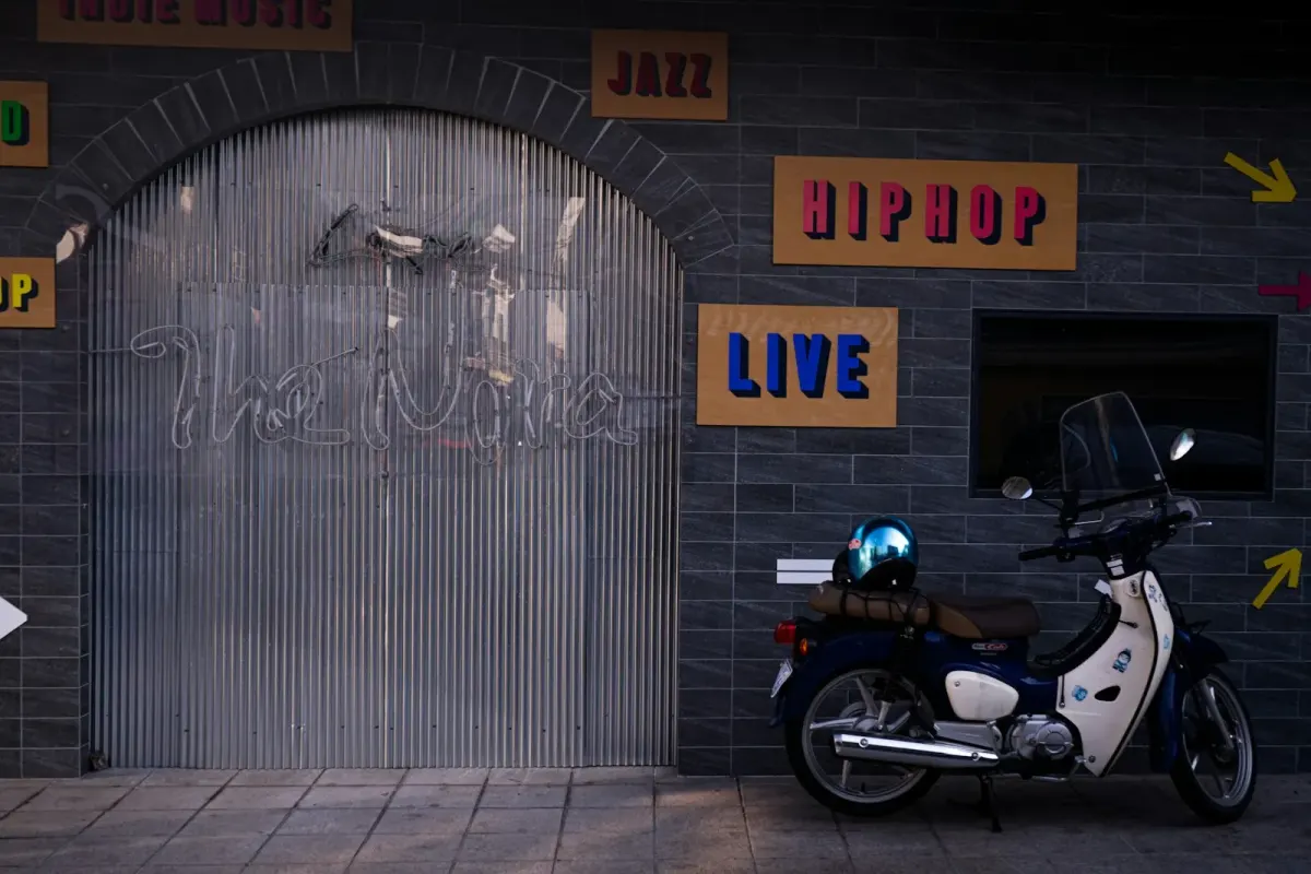 Seoul street wall with hip hop, jazz and live music signs
