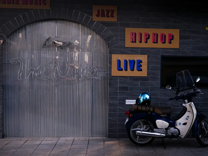 Seoul street wall with hip hop, jazz and live music signs