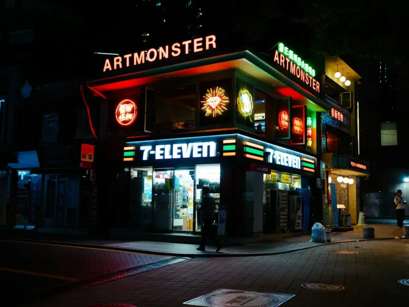 Late night convenience store corner in Seoul after the clubs close