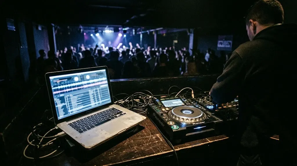 Stems on a laptop beside the CDJs, 2026